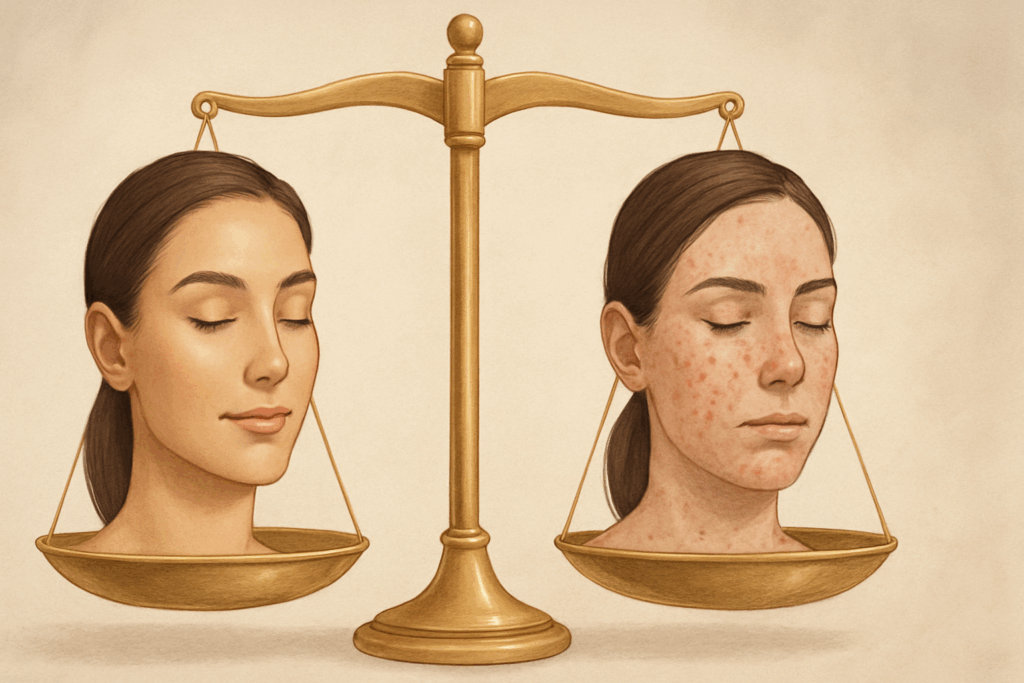 Artistic illustration showing the balance of results and risks in collagen laser and fractional facial treatments, with glowing skin on one side and redness and pigmentation on the other.