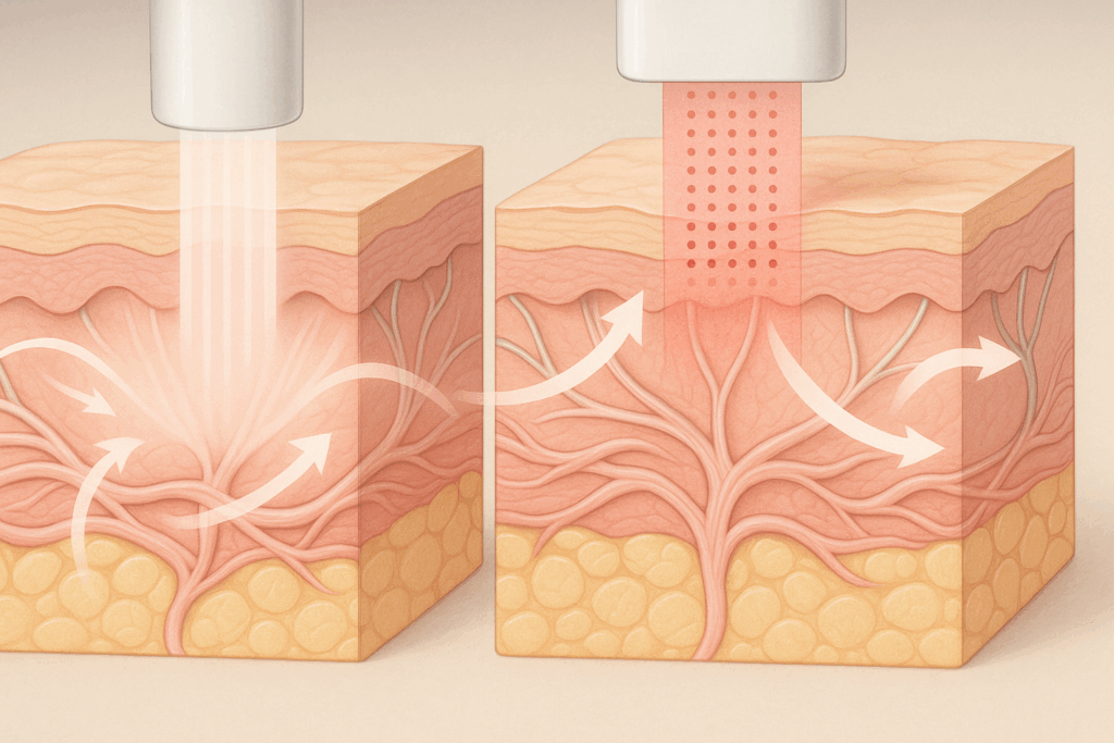 Diagram illustrating skin layers undergoing rejuvenation through collagen laser and fractional facial treatments, showing dermal collagen regeneration and epidermal texture improvements