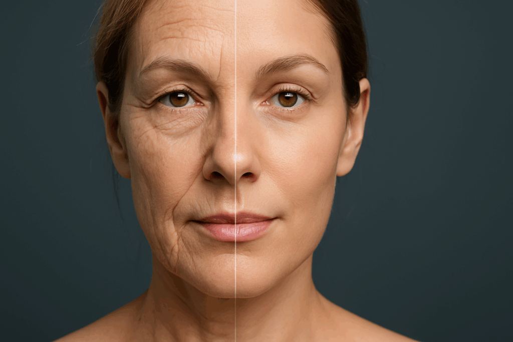 Side-by-side comparison of a woman’s face before and after collagen laser and fractional facial treatments, showing reduced wrinkles and smoother skin.