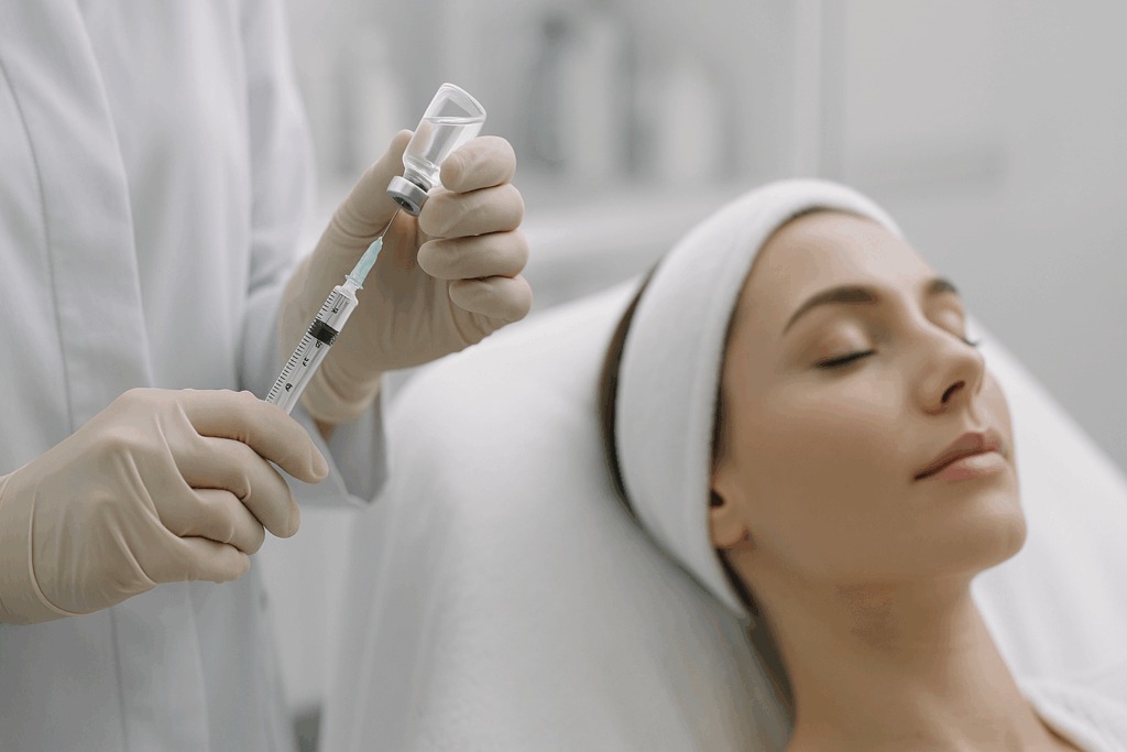 Clinician prepares biostimulant syringe in modern clinic for breakthrough cosmetic treatments and procedures for the face