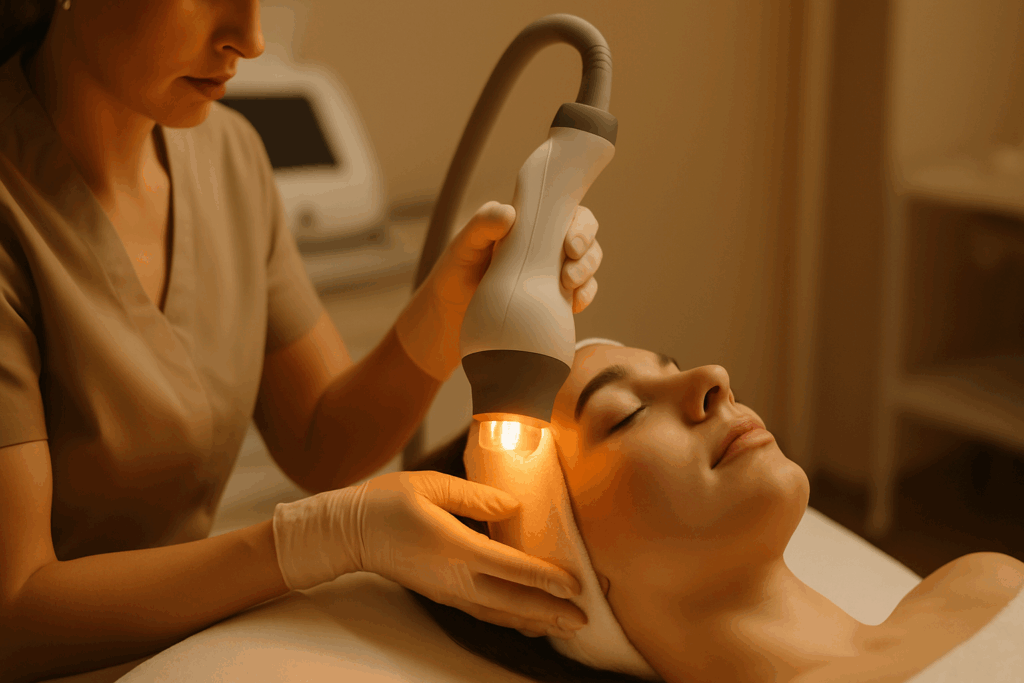 Futuristic radiofrequency facial session with a glowing device, illustrating Breakthrough Cosmetic Treatments and Procedures for the Face.