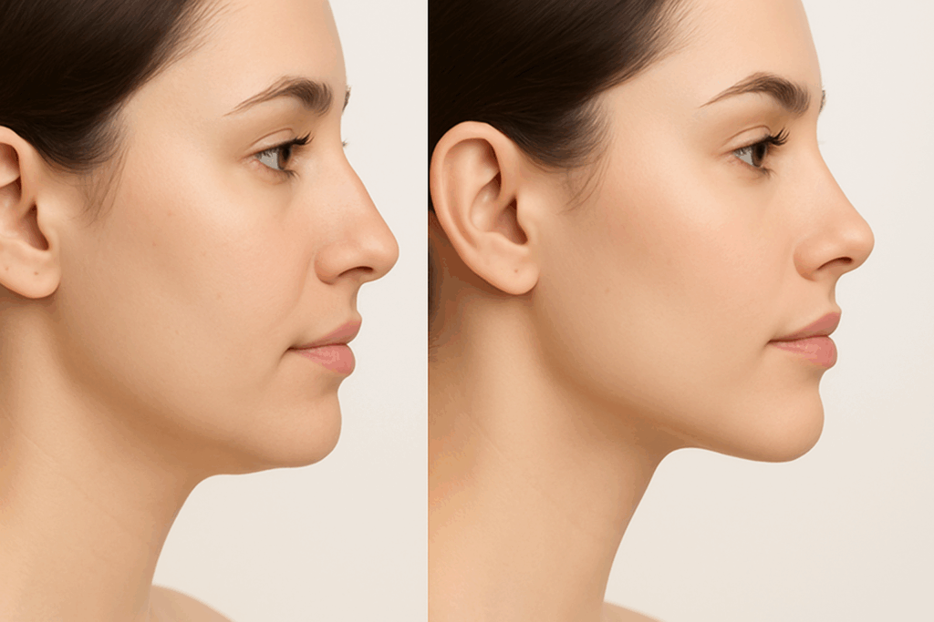 Before-and-after side profile showing subtle jawline and chin enhancement from breakthrough cosmetic treatments and procedures for the face.