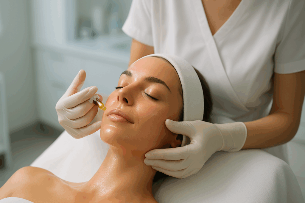 Patient receiving PRP facial treatment in a serene clinic, highlighting glowing post-treatment skin as part of breakthrough cosmetic treatments and procedures for the face
