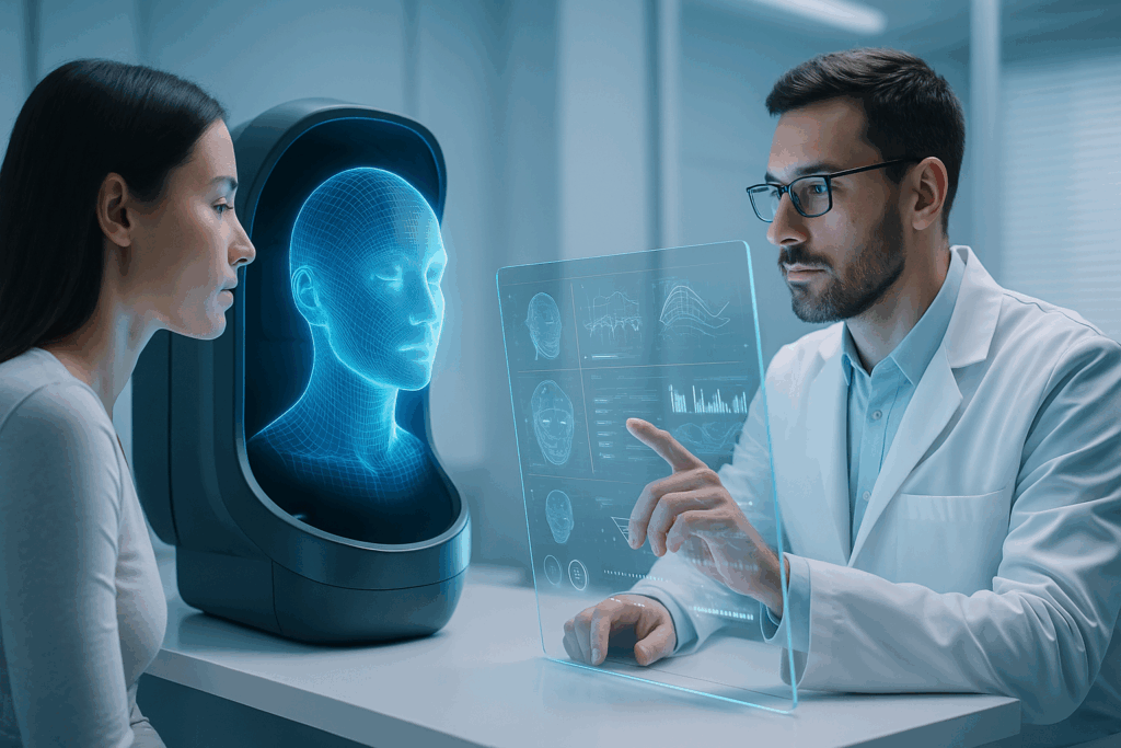 Breakthrough Cosmetic Treatments and Procedures for the Face shown through a futuristic 3D facial imaging consultation between a patient and medical expert.