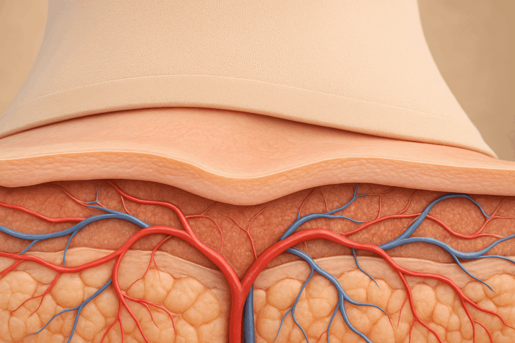 Cross-section of skin showing how compression garments apply even pressure to tissues and vessels, illustrating Can Compression Garments Help Loose Skin?