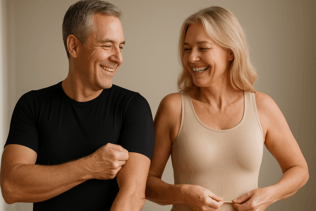 Middle-aged man and woman smiling while adjusting compression garments on their arms and torso, illustrating Can Compression Garments Help Loose Skin?