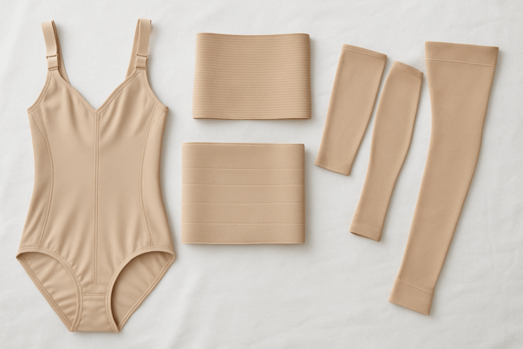 Flat lay of breathable, high-quality compression garments including bodysuits, sleeves, and abdominal binders arranged neatly on a white surface, illustrating options that answer the question Can Compression Garments Help Loose Skin?