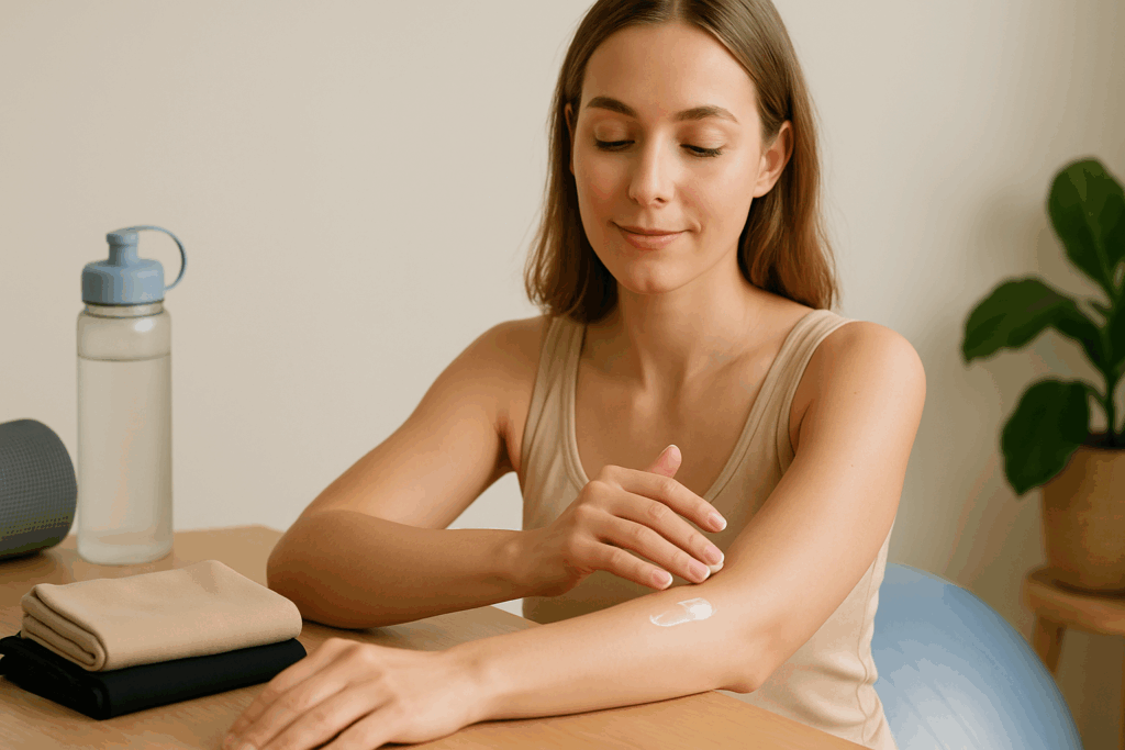 Woman applying lotion beside compression garments and fitness gear, illustrating holistic skin care for the topic Can Compression Garments Help Loose Skin?