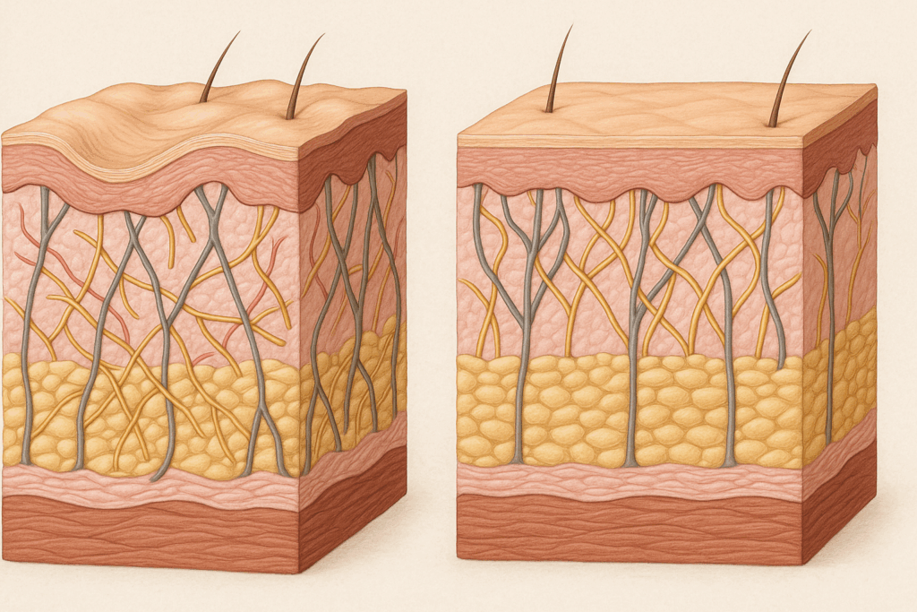 Cross-sectional illustration of aging skin showing collagen and elastin breakdown, comparing sagging and healthy skin layers, related to Can Compression Garments Help Loose Skin?"