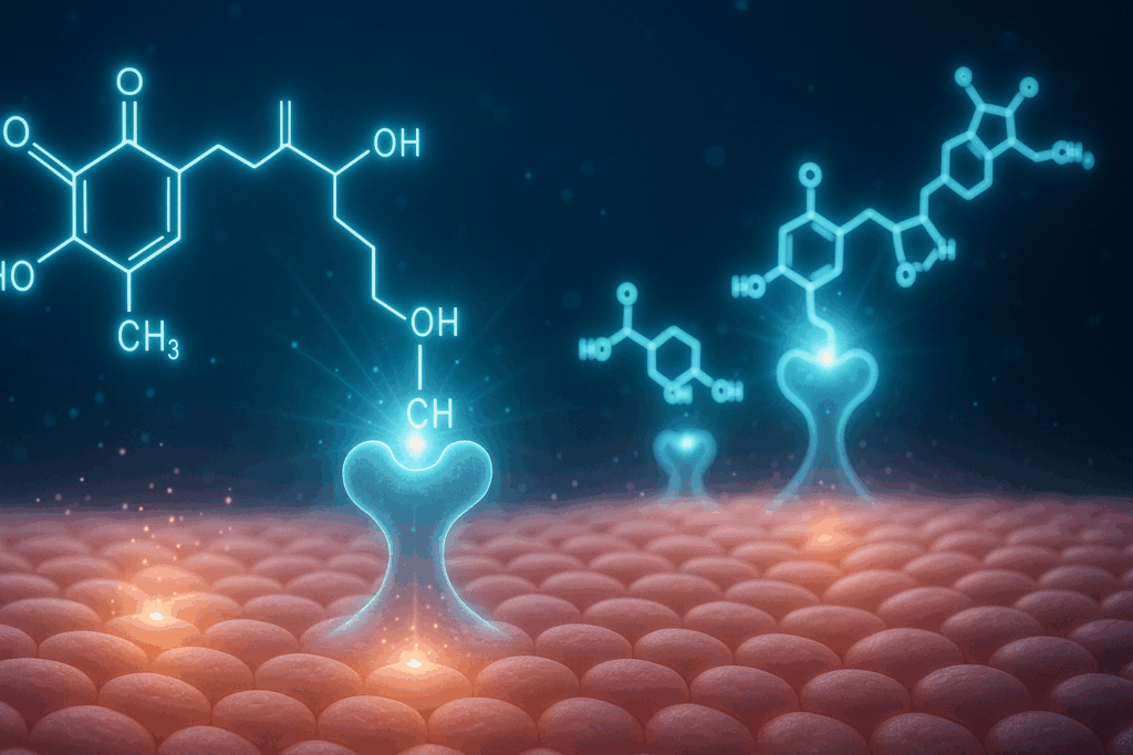 High-tech illustration of Differin molecules binding to epidermal receptors, showing how cellular renewal works—answers the question: Can Differin help with wrinkles?