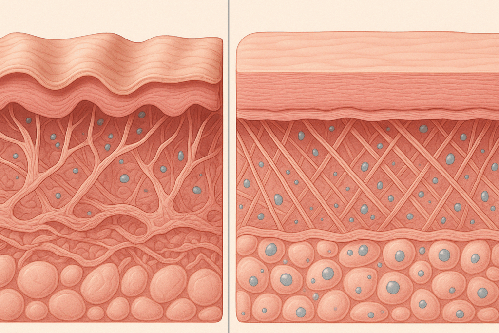 Cross-sectional comparison of aged skin versus retinoid-treated skin, visually illustrating how Differin improves collagen density and epidermal thickness—answering the question: Can Differin help with wrinkles.