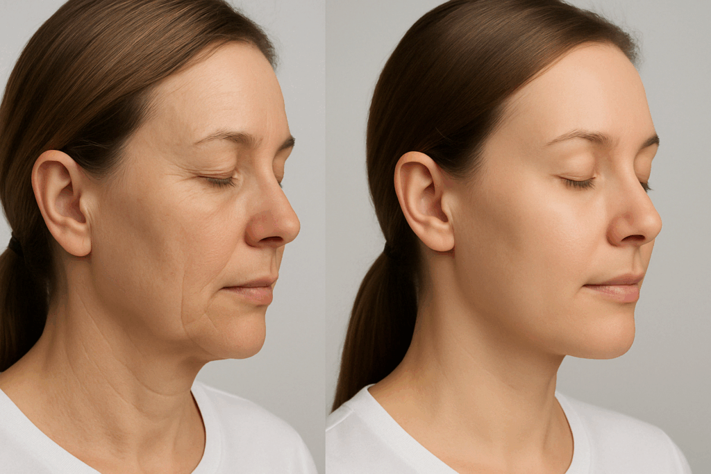 Side-by-side profile comparison of a woman before and after 24 weeks of Differin use, showing reduced fine lines and smoother skin, illustrating the answer to: Can Differin help with wrinkles.