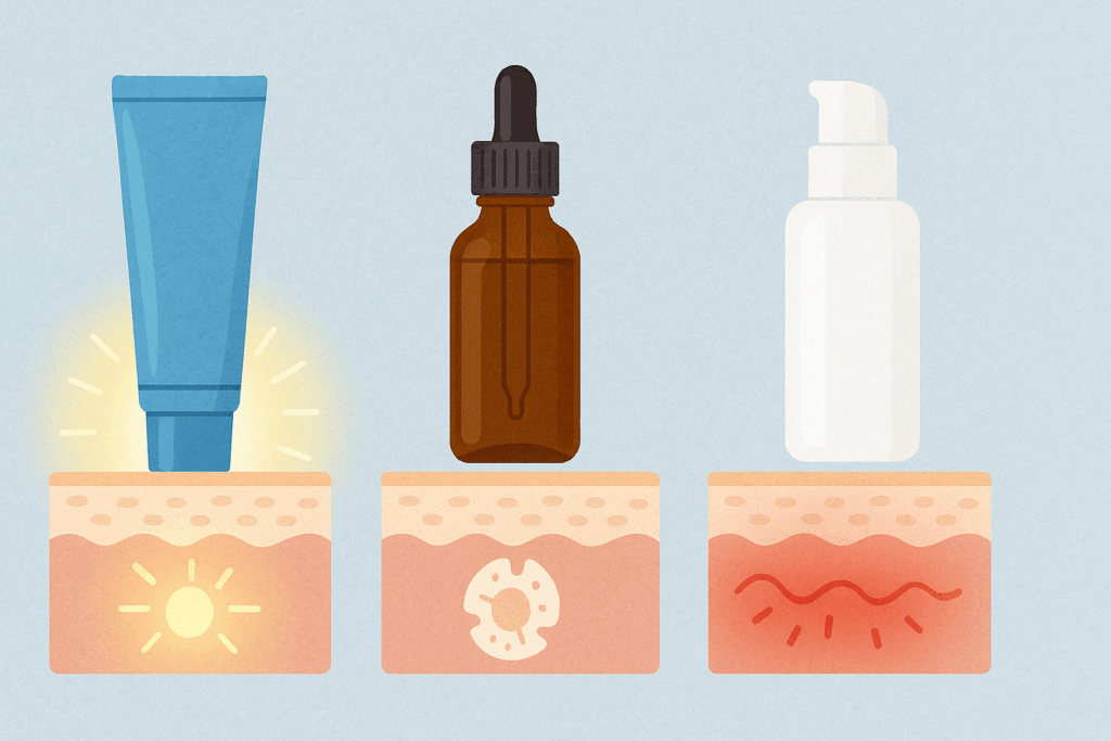 Visual comparison of Differin, tretinoin, and retinol skincare bottles showing effects on skin layers, answering the question: can Differin help with wrinkles.