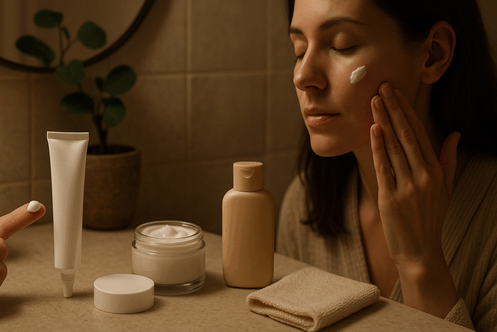 Woman applying a pea-sized amount of Differin during a nighttime skincare routine with moisturizer and sunscreen nearby, illustrating the question Can Differin help with wrinkles.