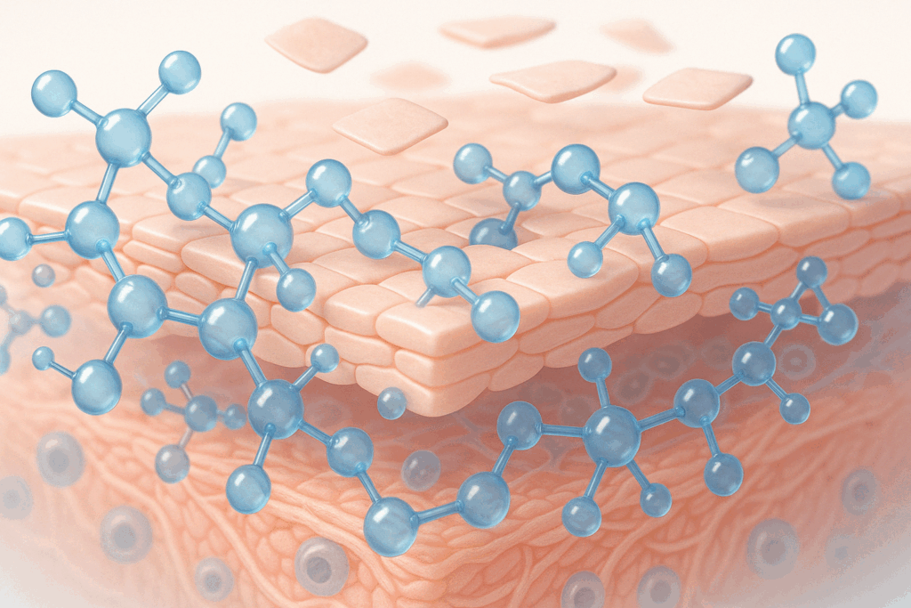 3D visualization of retinol molecules penetrating skin layers and stimulating collagen to show how long does retinol take to work