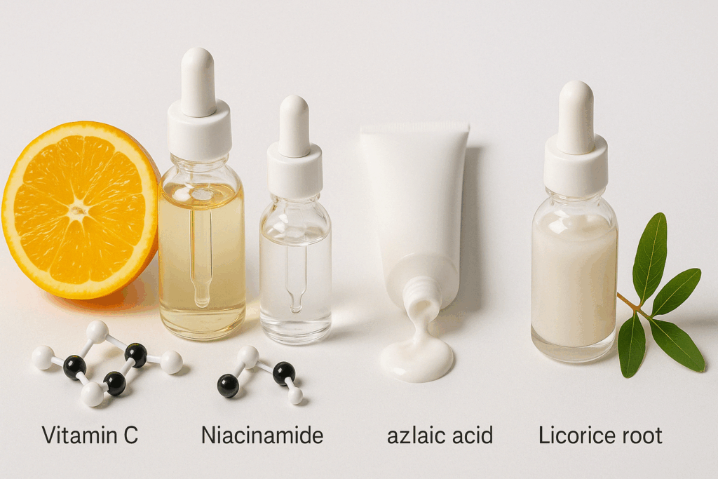 Clinical display of serums and creams with vitamin C, niacinamide, azelaic acid, and licorice root extract used in a dark spot remover routine