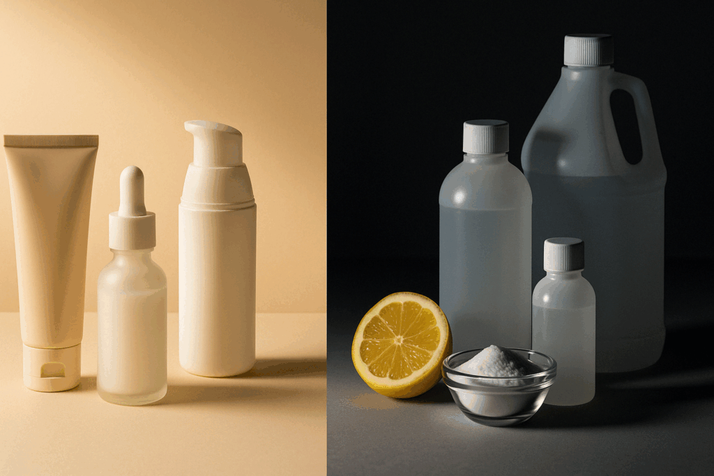 Split-screen comparison of dermatologist-recommended skincare products versus harsh DIY ingredients like lemon and baking soda, emphasizing safe alternatives to a dark spot remover.