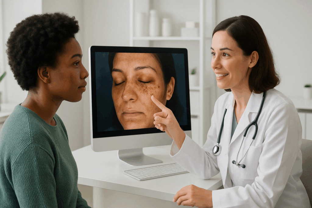 Dermatologist showing a patient facial pigmentation analysis on a screen during a consultation about dark spot remover treatments