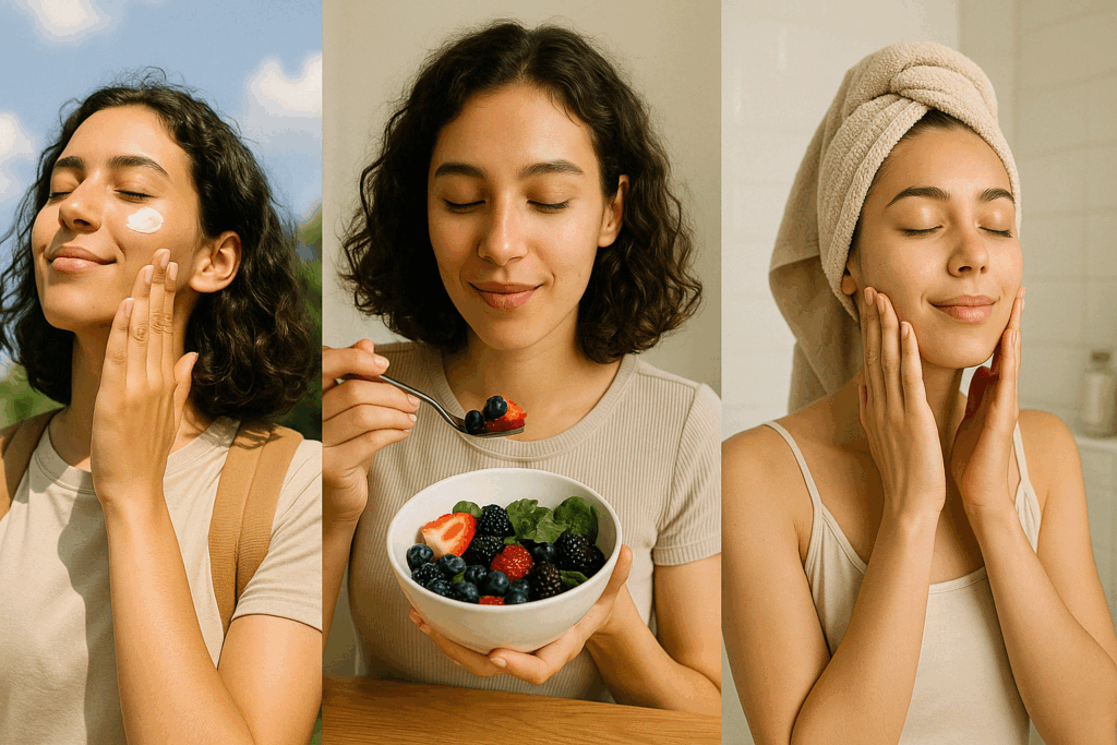 Young woman applying sunscreen outdoors, eating antioxidant-rich foods, and doing a skincare routine—lifestyle habits that support the effectiveness of a dark spot remover.