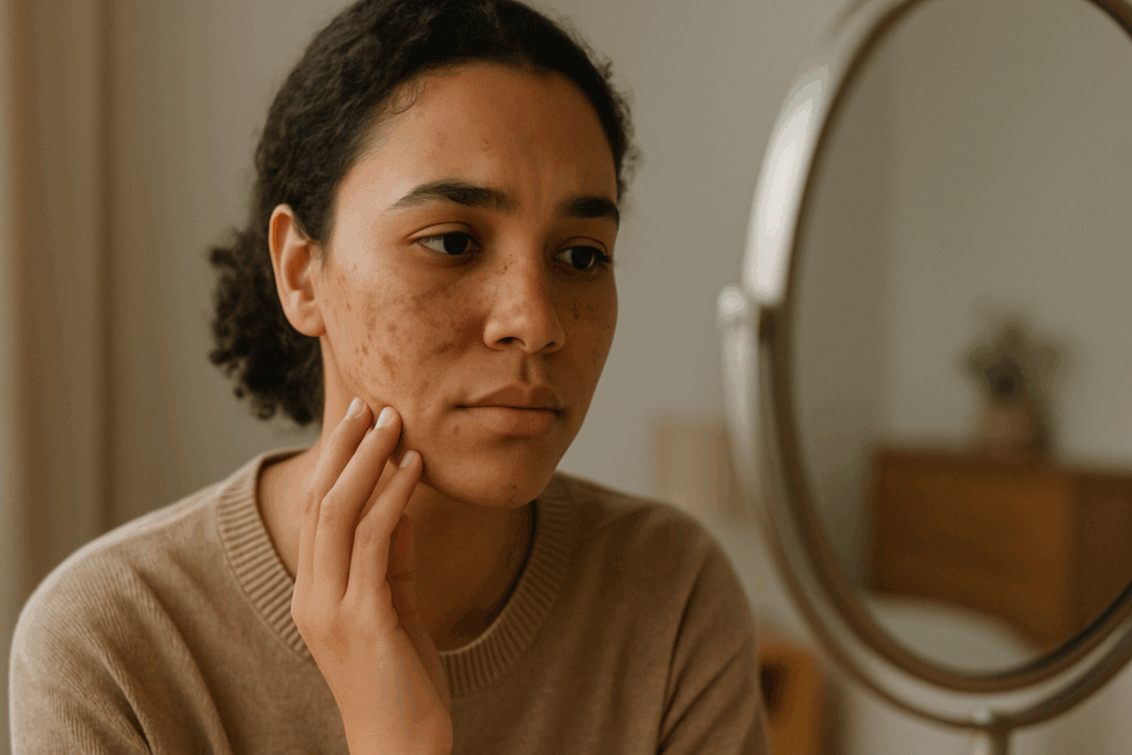 Young woman with facial hyperpigmentation gazing thoughtfully into a mirror, illustrating the emotional impact behind searching for an effective dark spot remover.