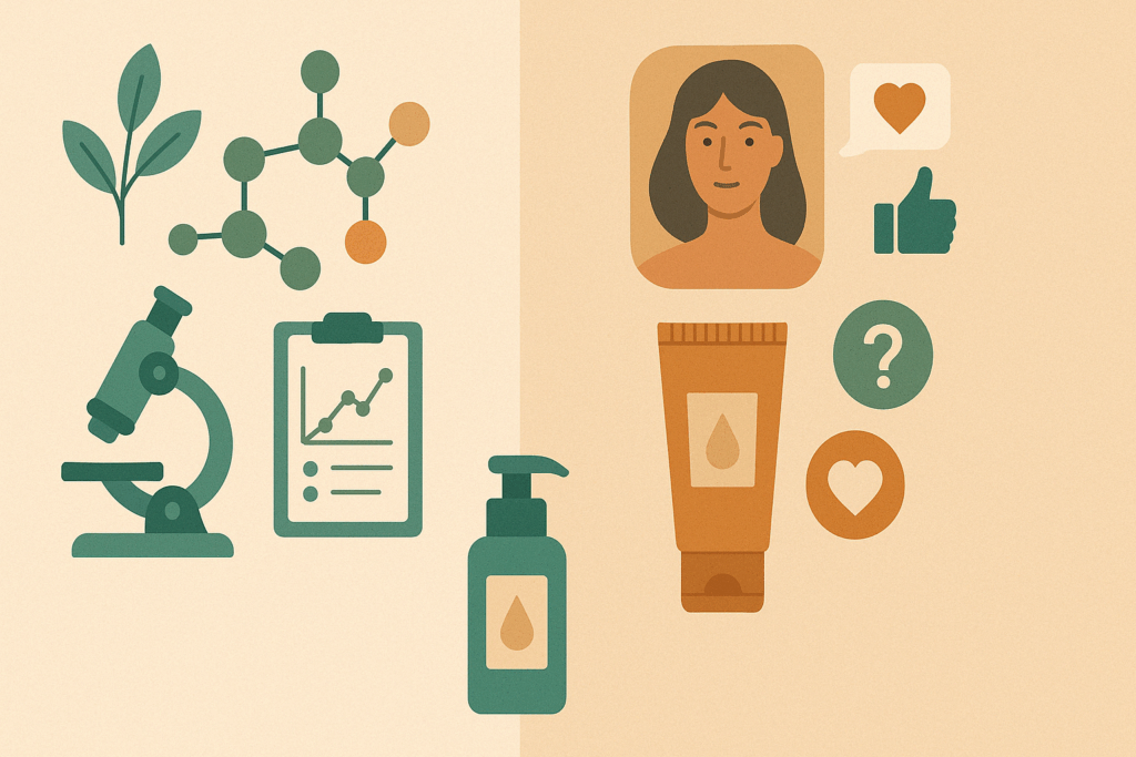 Infographic comparing a scientifically supported dark spot remover to a misleading product using icons of lab equipment, clinical data, and influencer marketing visuals.
