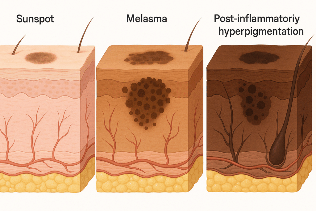 Medical illustration of skin layers showing sunspots, melasma, and post-inflammatory hyperpigmentation across diverse skin tones, highlighting conditions treatable with a dark spot remover