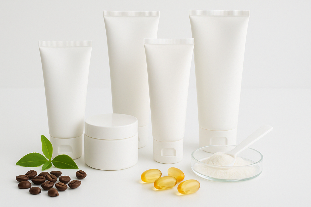 Belly firming cream tubes and jar arranged with coffee beans, green tea leaves, collagen powder, and retinol capsules on a white surface