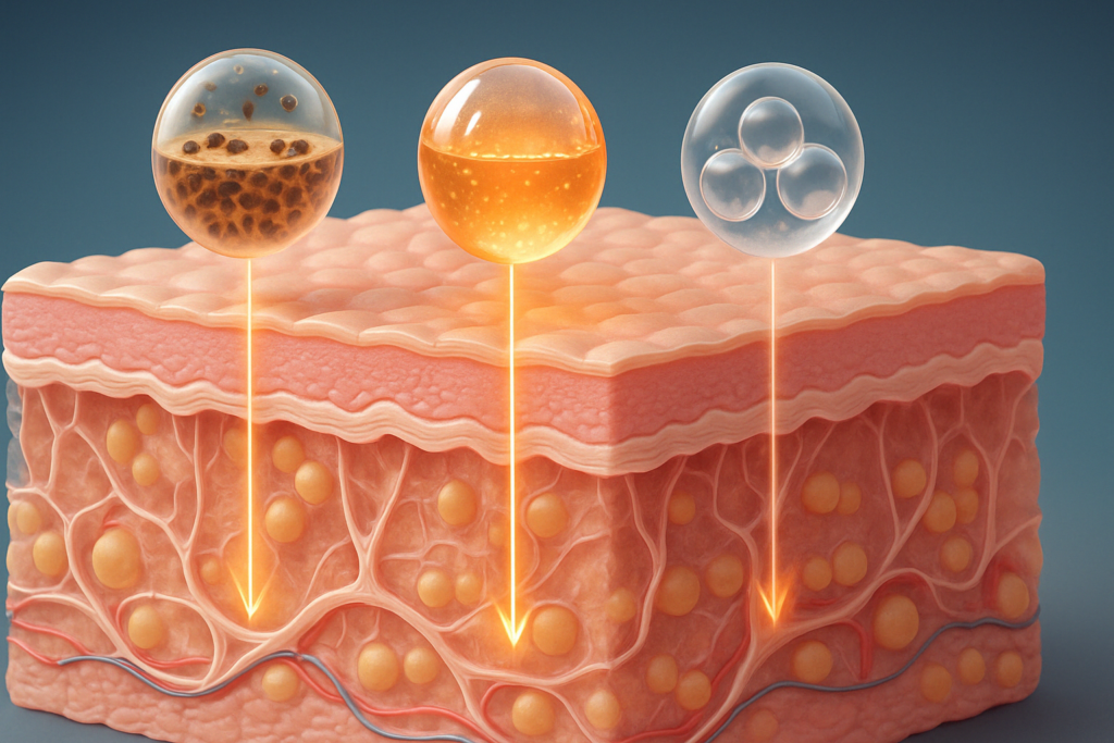 Scientific cross-section of human skin showing how belly firming cream ingredients like caffeine, retinol, and peptides penetrate the epidermis and dermi