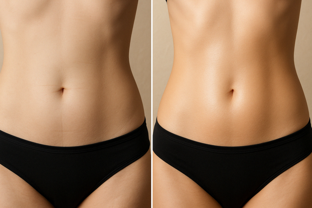 Side-by-side comparison of a woman’s abdomen before and after using a belly firming cream, showing smoother, more hydrated skin