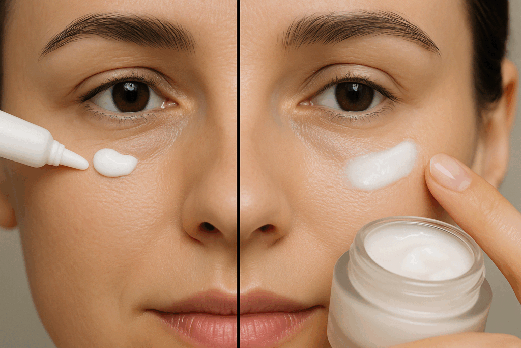 Split-screen close-up comparing under-eye treatment with eye cream vs. regular moisturizer, illustrating texture and hydration differences to explore do eye creams work.