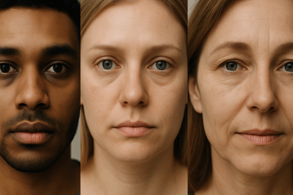 Realistic comparison of dark circles, under-eye puffiness, and fine lines to illustrate concerns addressed in discussions about do eye creams work
