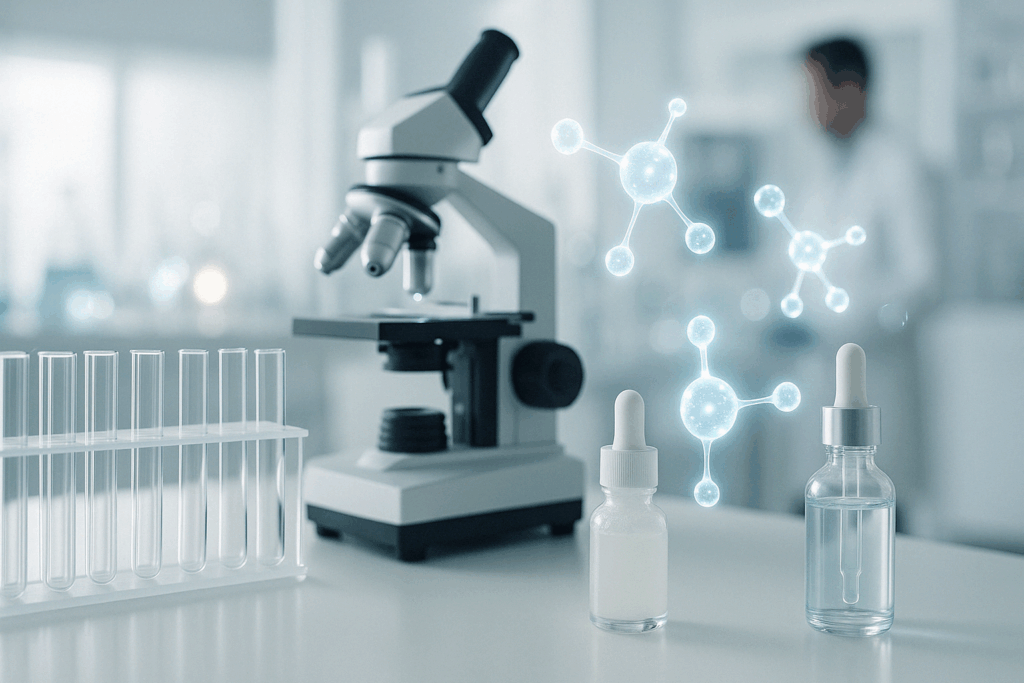 Clinical skincare lab with microscope, test tubes, serums, and glowing molecules illustrating research behind the question do eye creams work
