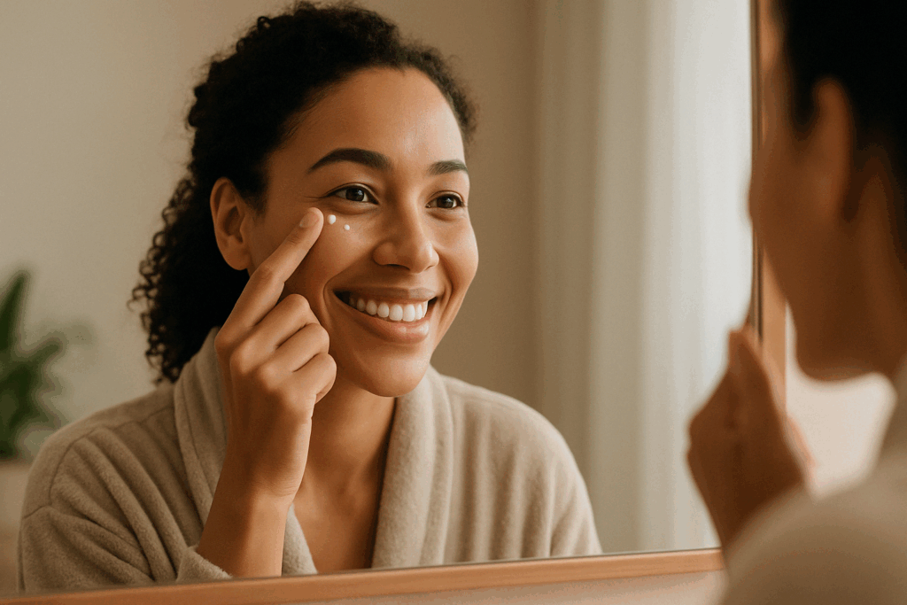 Smiling woman applying under-eye cream while looking in the mirror, illustrating a self-care moment that explores the question: do eye creams work.