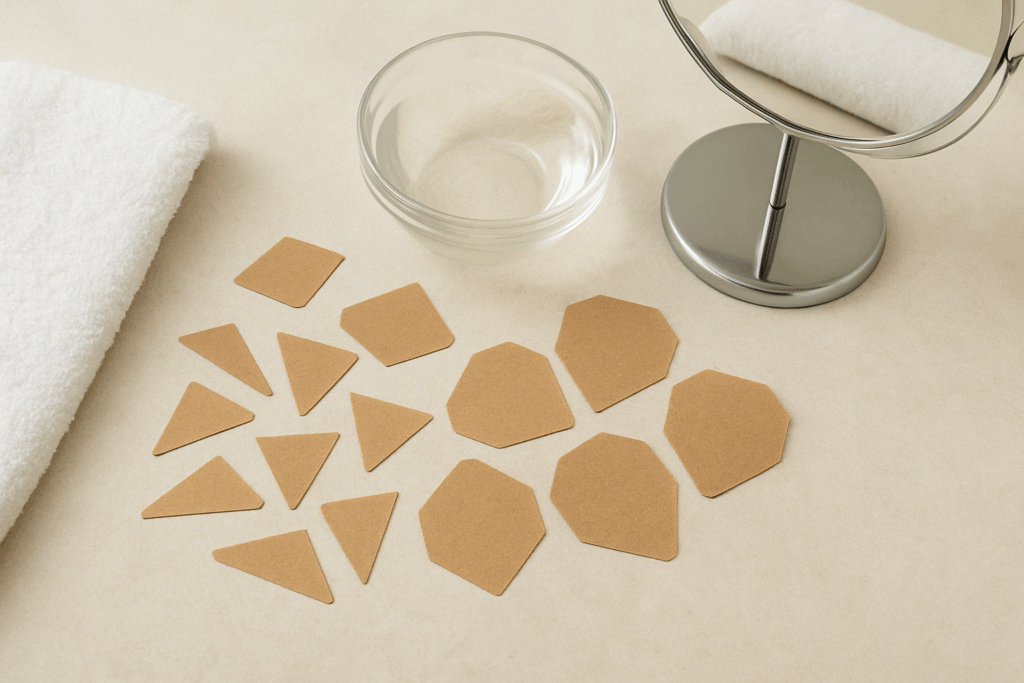 Flat-lay of kraft paper wrinkle patches beside water and skincare tools in a minimalist bathroom, illustrating the question do Frownies really work.