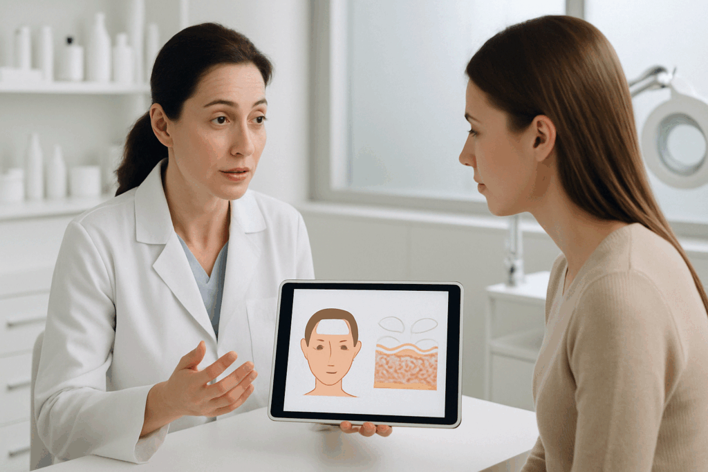 Dermatologist showing a patient wrinkle patch diagrams during a consultation about forehead lines, discussing whether do Frownies really work.