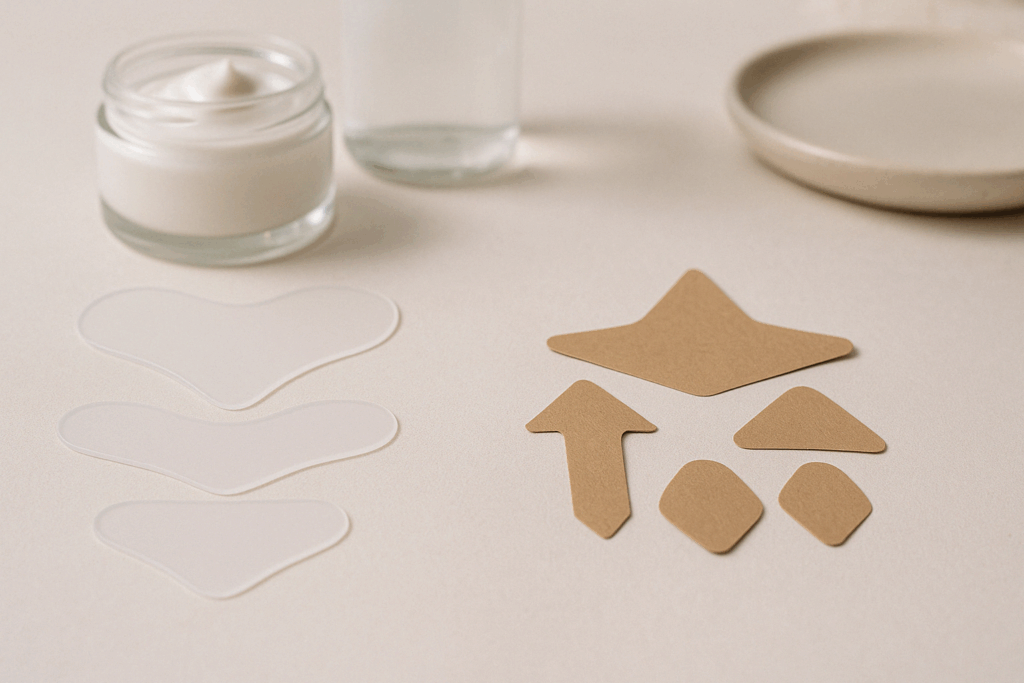 Side-by-side comparison of silicone wrinkle patches and paper Frownies patches on a neutral background, highlighting texture differences for evaluating do frownies really work.
