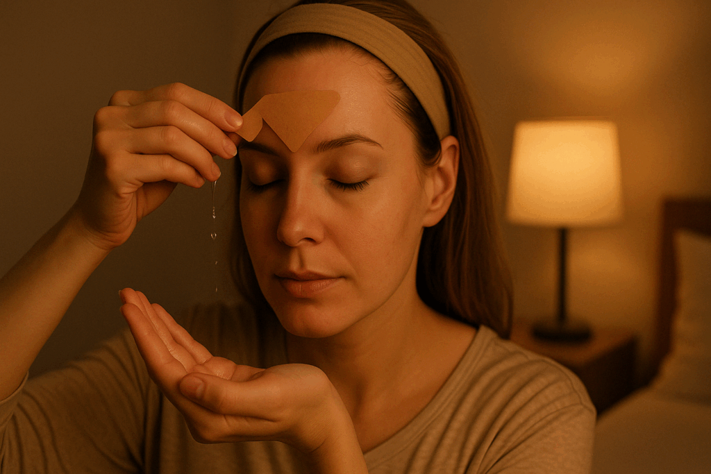 Woman applying a wrinkle patch to her forehead before bed as part of a nightly skincare routine, illustrating the process explored in do frownies really work.