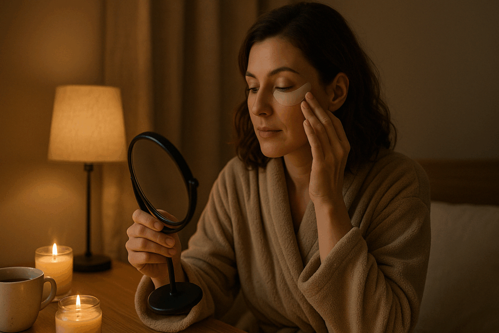 Woman applying a wrinkle patch to her forehead before bed as part of a nightly skincare routine, illustrating the process explored in do frownies really work.