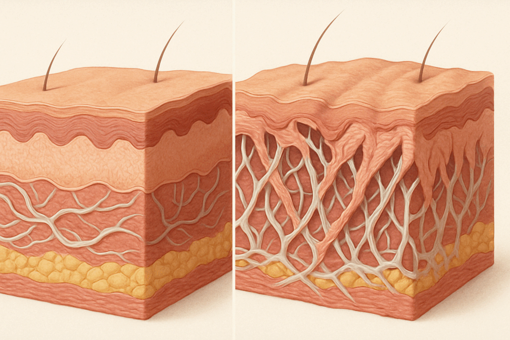Cross-sectional comparison of healthy skin and stretched skin with collagen damage, visually supporting the question: does B Flat cream work.
