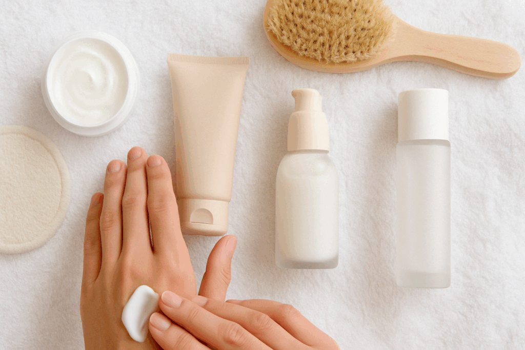 Minimalist skincare flat lay with a woman applying cream to her hand, illustrating self-care and asking does B Flat cream work
