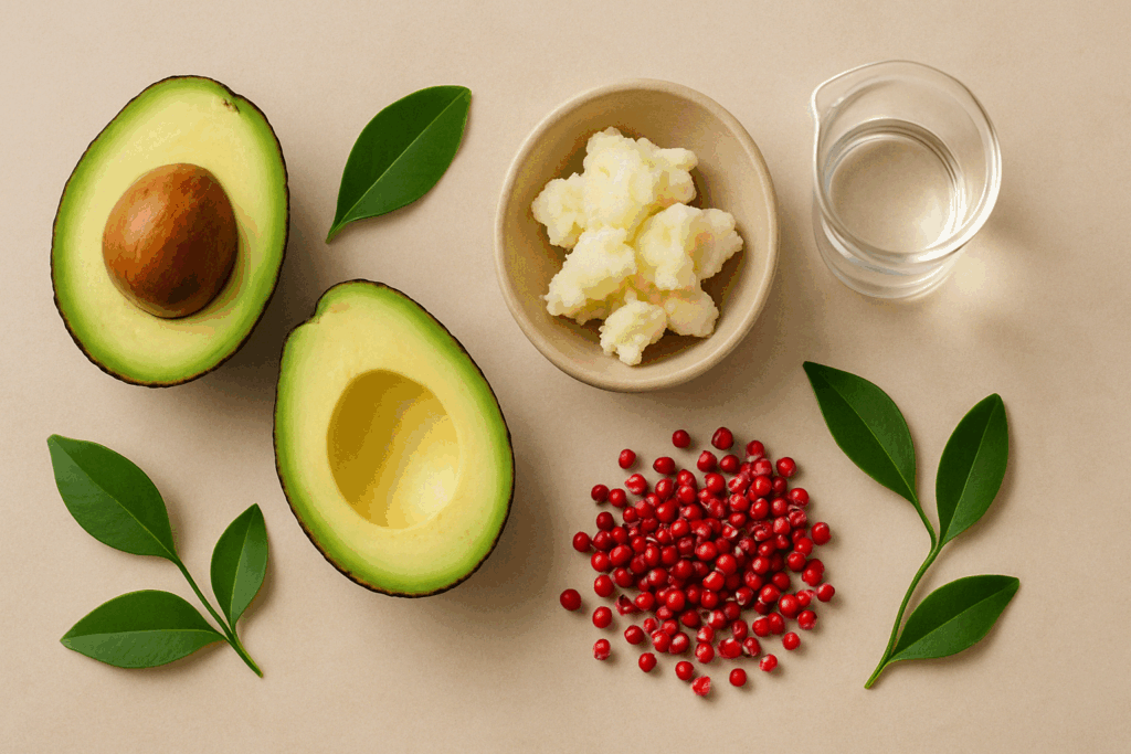 Natural skincare ingredients like avocado, shea butter, pink peppercorns, and peptides arranged in a flat lay to explore if B Flat cream works for skin benefits