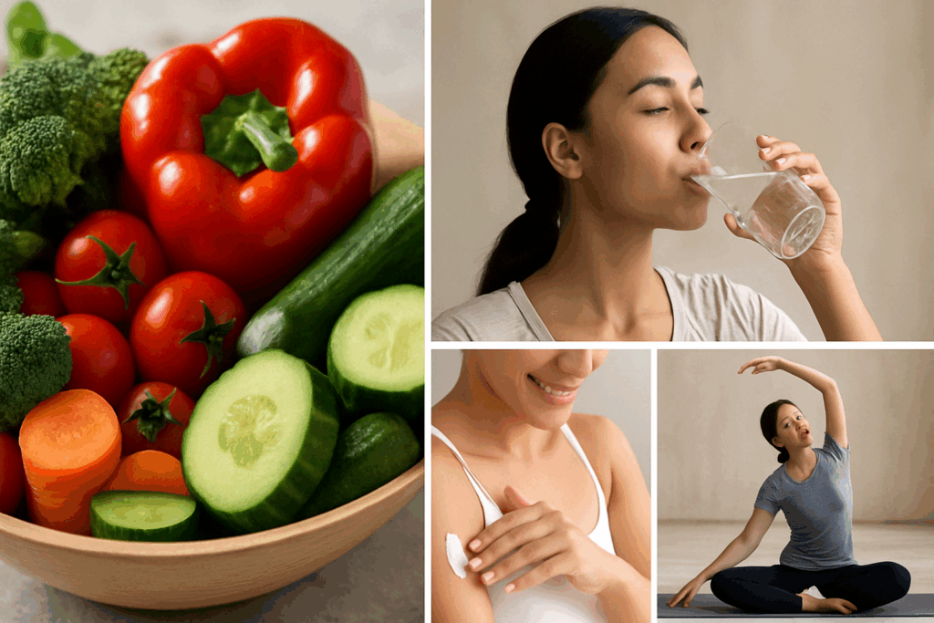 Healthy lifestyle collage illustrating habits that support skin firmness, relevant to the question does B Flat cream work.