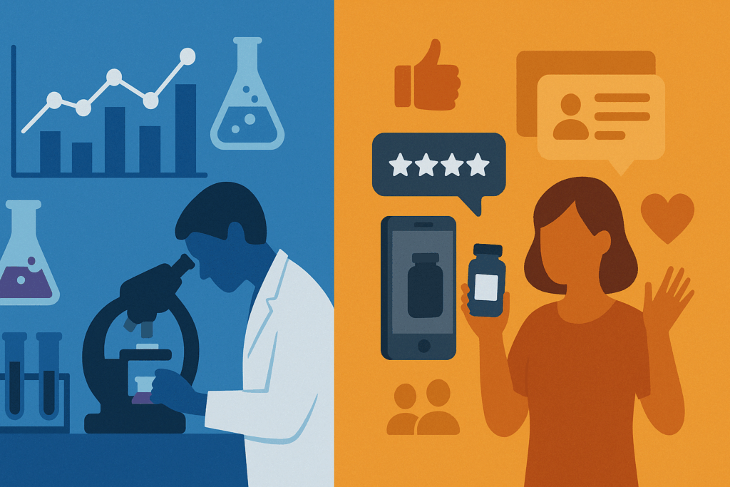 Split-screen infographic contrasting scientific research with social media reviews, illustrating the debate around does B Flat cream work.
