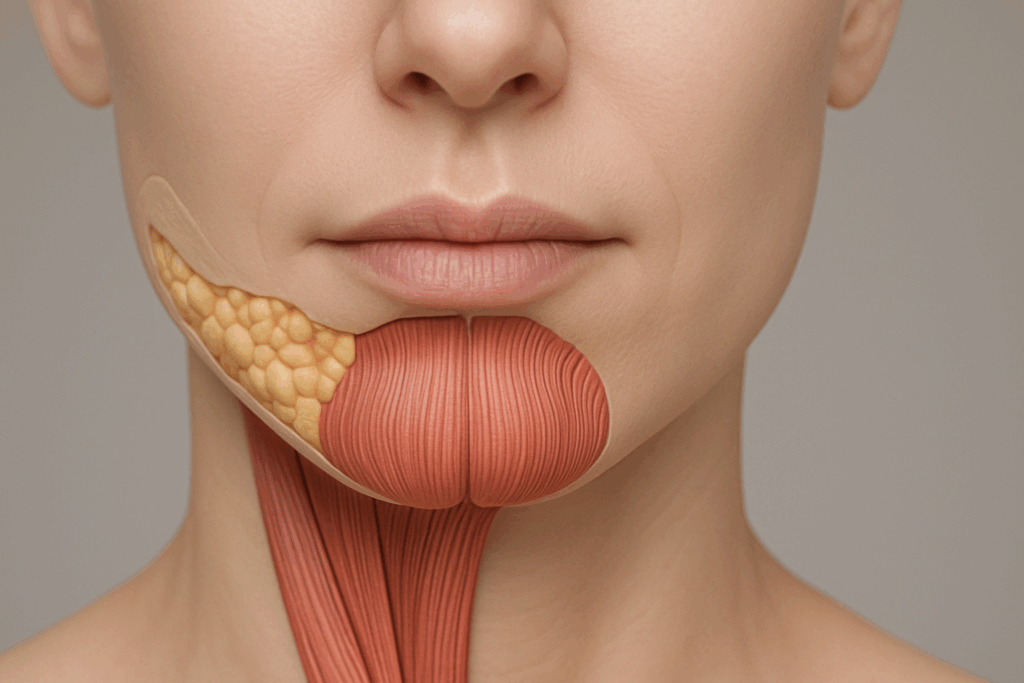 Anatomical illustration of the lower face showing the mental crease, mentalis muscle, and subcutaneous fat layers in high detai