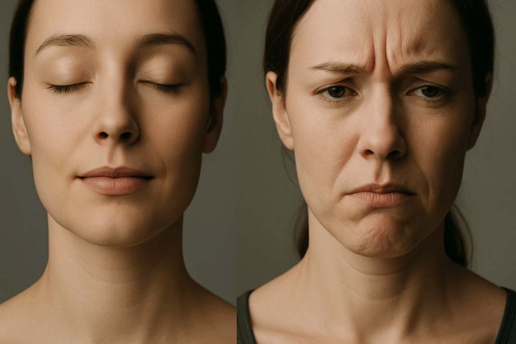 Side-by-side portraits of a calm face and a tense face, with the stressed chin showing a subtle mental crease from emotional strain