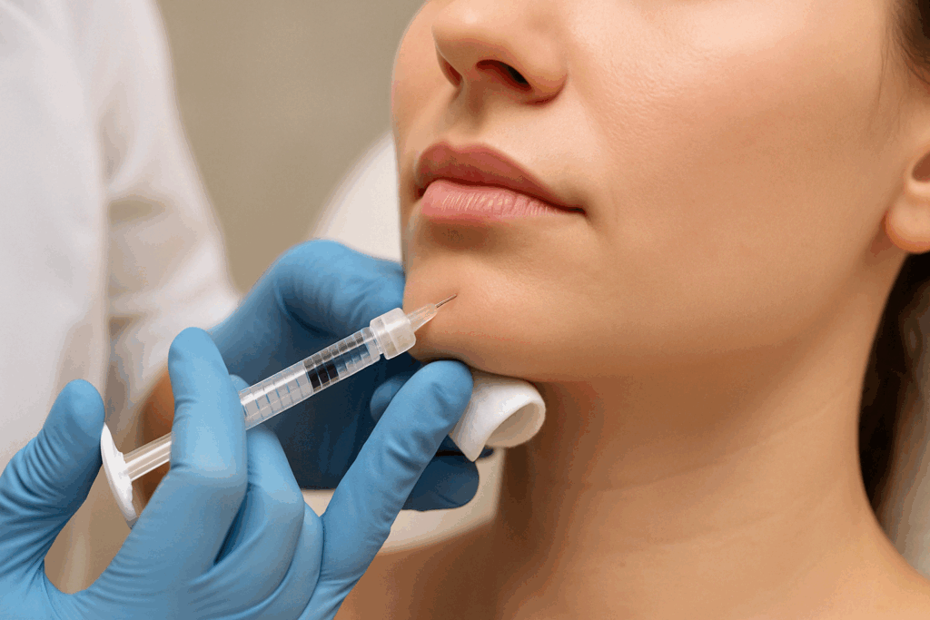Cosmetic injector administering dermal filler into the mental crease of a woman’s chin in a sterile clinical setting