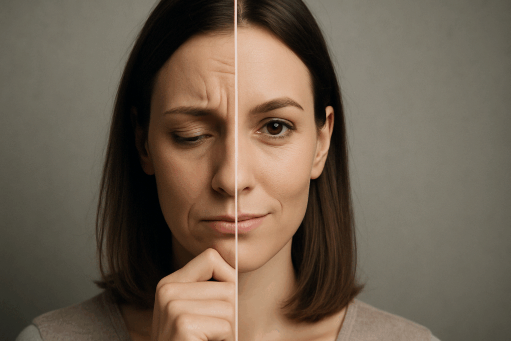 Split-screen portrait of a woman with a visible mental crease and pensive expression on one side, and a confident, smooth-faced appearance on the other, symbolizing psychological and aesthetic transformation.