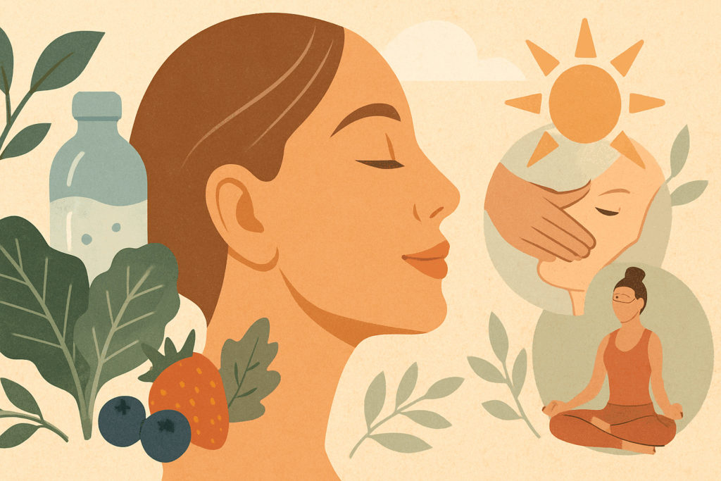 Profile of a glowing woman’s face surrounded by symbols of hydration, nutrition, sun protection, and mindfulness, illustrating holistic prevention of a mental crease.