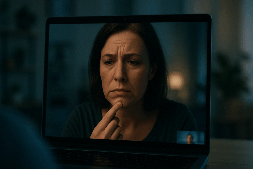 Woman on a video call examining her reflection with visible concern, screen lighting emphasizing the mental crease on her chin.