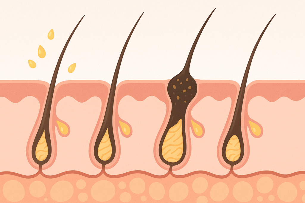 Cross-sectional diagram of skin showing clogged pores and blackhead formation, useful in explaining how retinol for blackheads clears sebum and keratin buildup